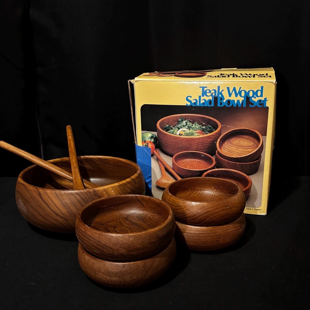 Vintage SHW Teak Wood Salad Bowl Set – Mid-Century Serving Bowls & Utensils